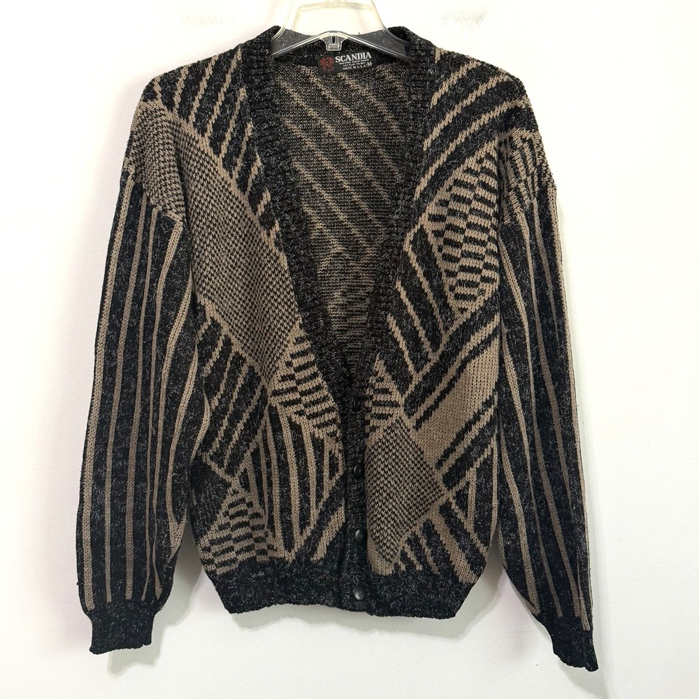 Vintage Scandia Cardigan Mens M 80s 90s USA Geometric Abstract Sweater 3 Button